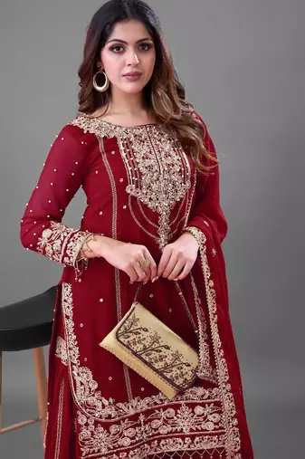 maroon palazzo embroidered suit