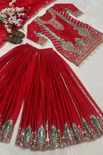 red embroidered suit 