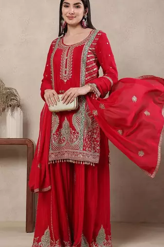 red embroidered suit 