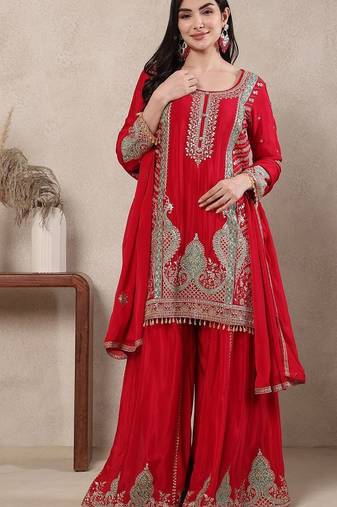 red embroidered suit 