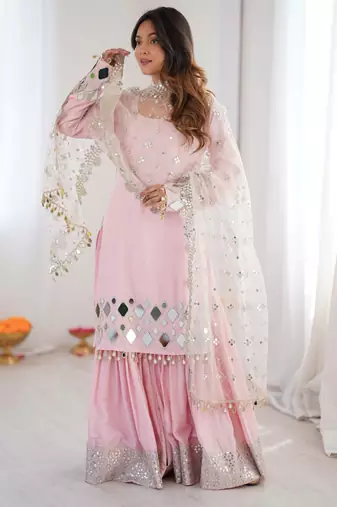 pink mirror work sharara set
