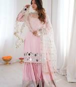 Pink mirror work sharara set with sheer embellished dupatta