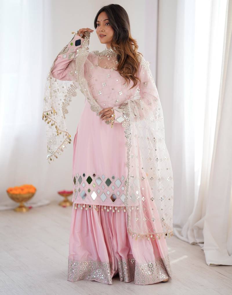 Pink mirror work sharara set with sheer embellished dupatta