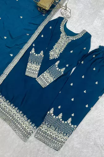  teal blue silk embroidered suit 