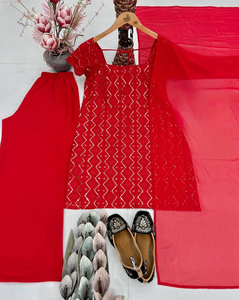 Red geometric embroidered kurti with wide-leg palazzos