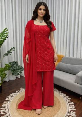 red geometric embroidered suit set 1