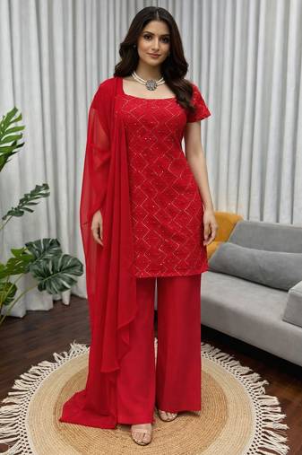 Red geometric embroidered kurti with wide-leg palazzos