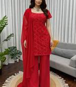 Red geometric embroidered kurti with wide-leg palazzos