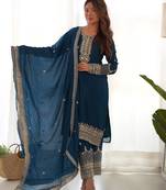 teal blue silk embroidered suit with heavily bordered pants