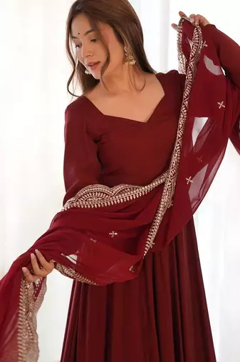 dark maroon floor-length anarkali suit