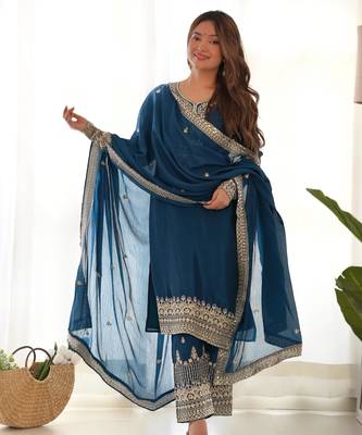  teal blue silk embroidered suit  3