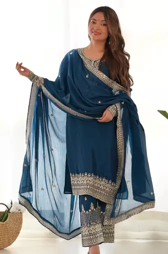  teal blue silk embroidered suit 