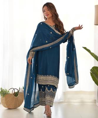  teal blue silk embroidered suit  4