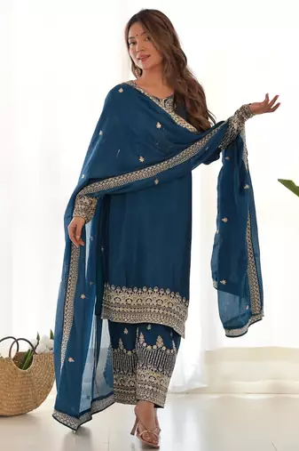  teal blue silk embroidered suit 