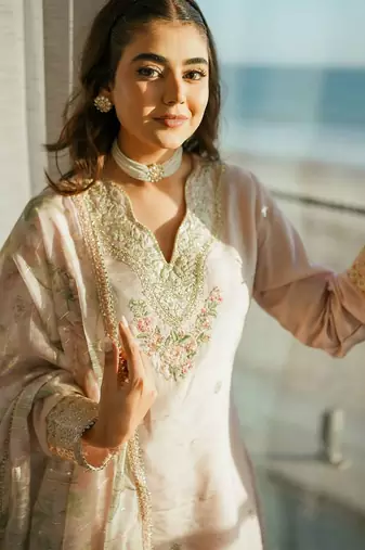 peach floral embroidered sharara set