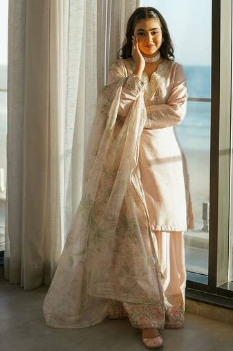 peach floral embroidered sharara set