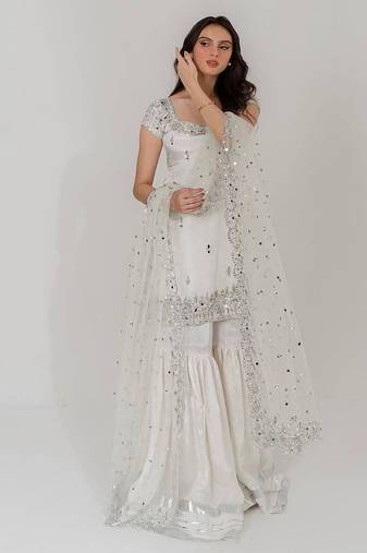 White sharara set with sequin net dupatta