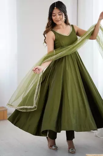 Green festive anarkali suit with mirror detailing