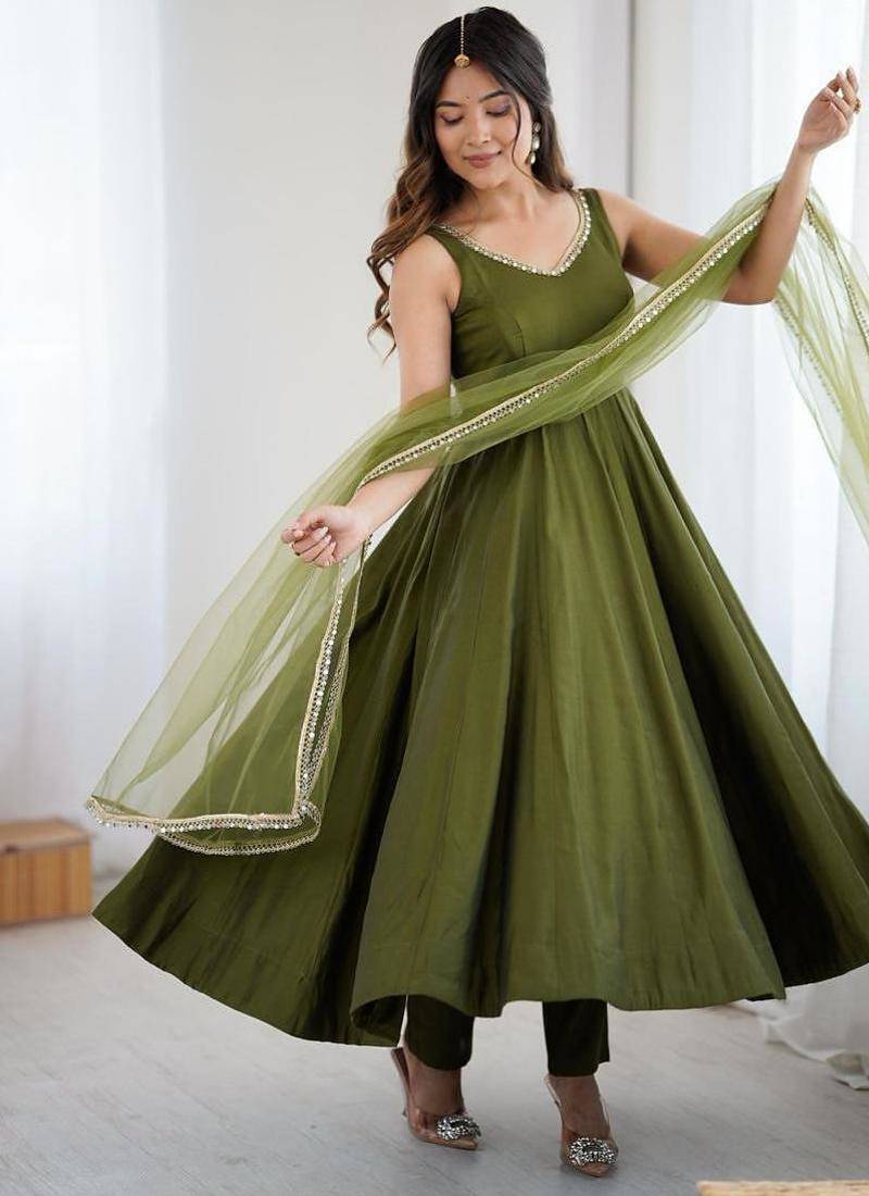 Green festive anarkali suit with mirror detailing
