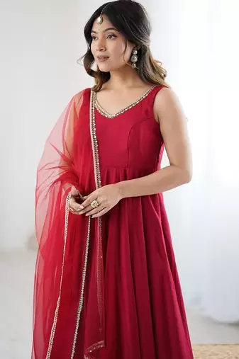 red embroidered anarkali set