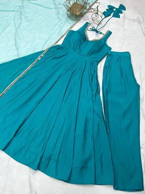 teal blue sleeveless anarkali suit 2