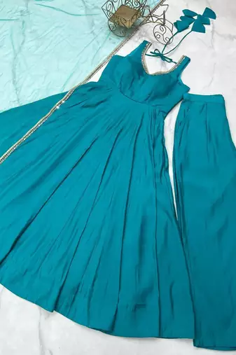 teal blue sleeveless anarkali suit