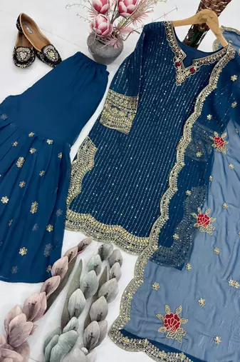 blue embroidered sharara suit 