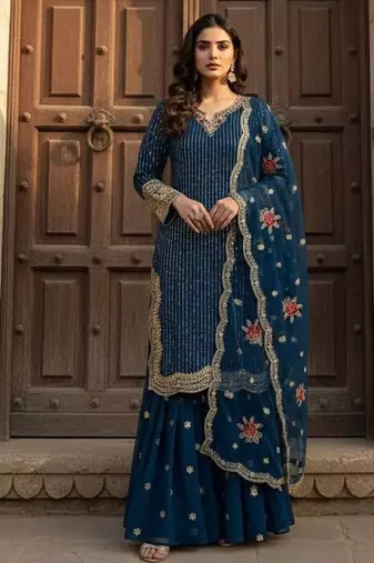 blue embroidered sharara suit 