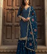 Blue embroidered sharara suit with mirror accents