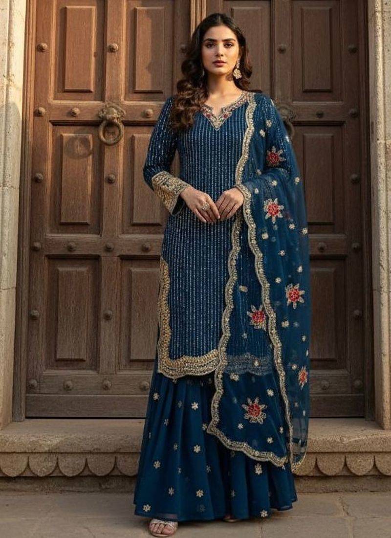 Blue embroidered sharara suit with mirror accents
