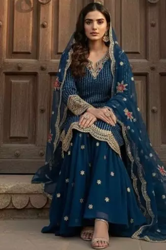 blue embroidered sharara suit 