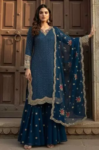 blue embroidered sharara suit 