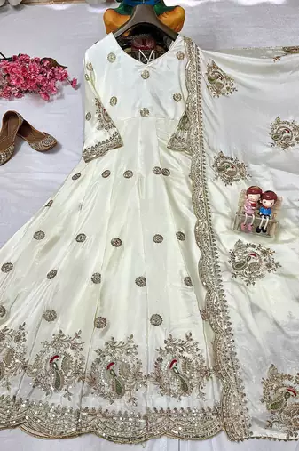 cream anarkali embroidered gown