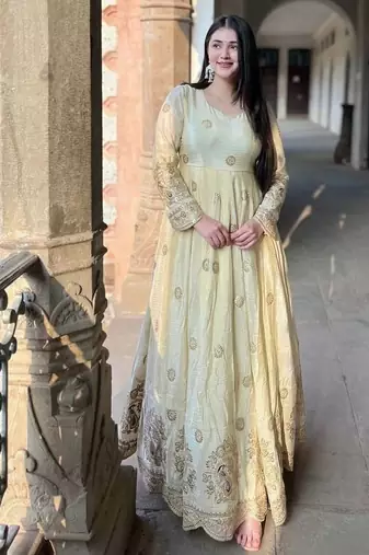 cream anarkali embroidered gown