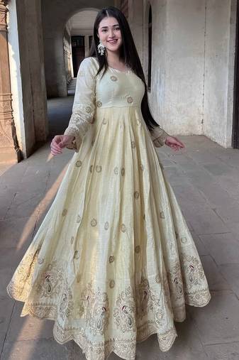 cream anarkali embroidered gown
