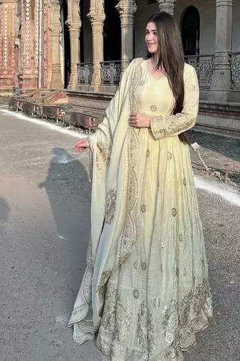 cream anarkali embroidered gown