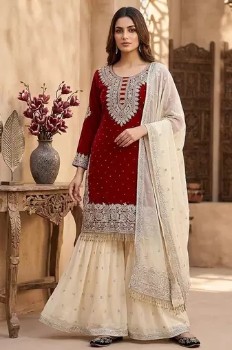 red embroidered sharara suit with cream dupatta