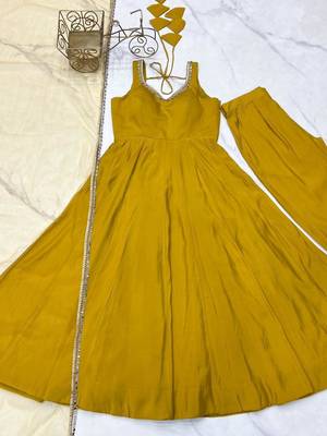 yellow silk-finish anarkali ensemble 2