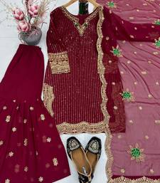Wine sharara suit with gold zari detail
