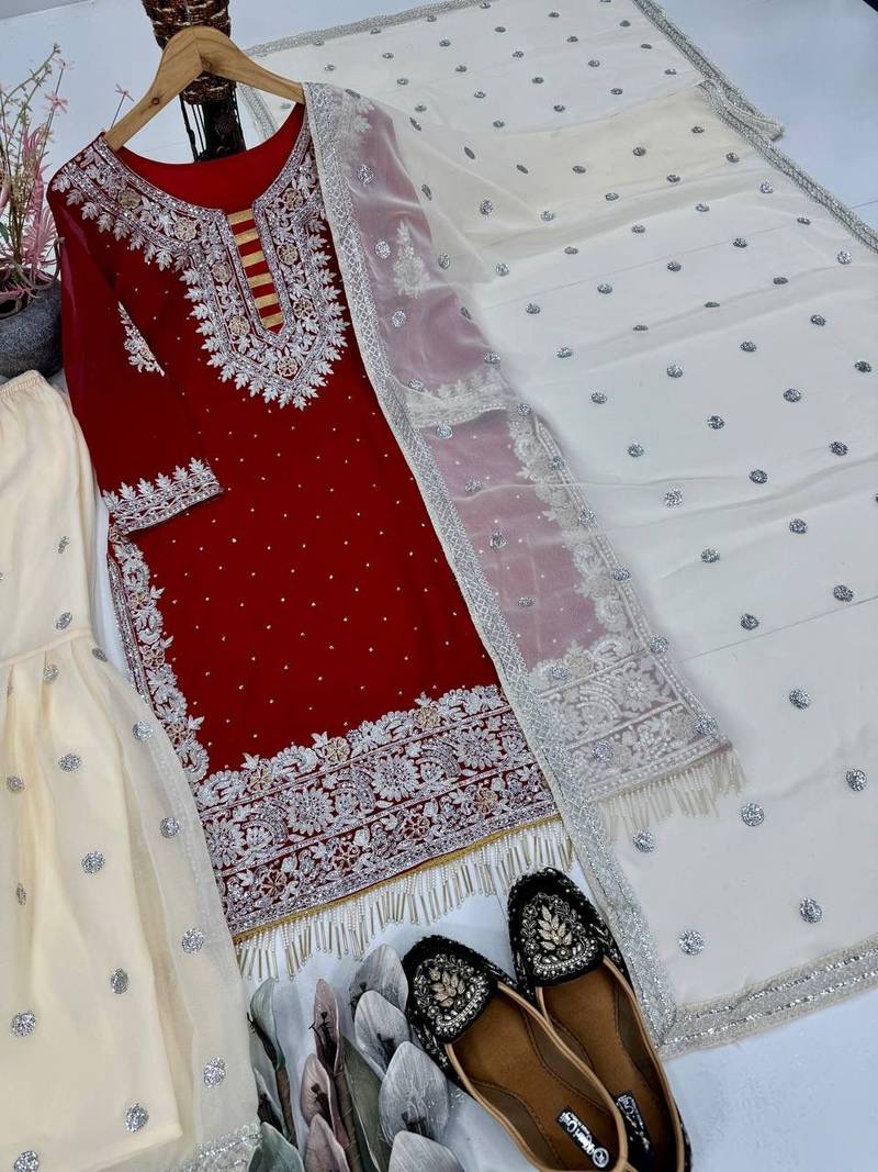  red embroidered sharara suit 