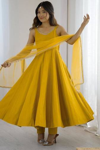 yellow silk-finish anarkali ensemble