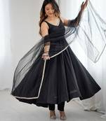 Black sleeveless anarkali with silver border dupatta