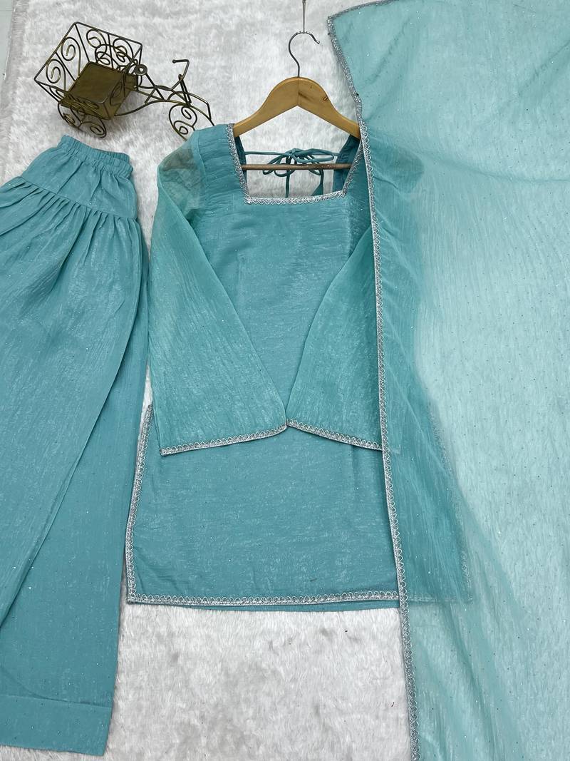 Sky blue shimmer patiala salwar suit with square neck