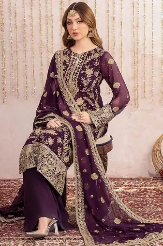 plum purple heavy embroidered pakistani suit