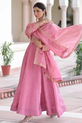 pink silk palazzo suit 
