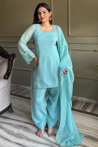 Sky blue shimmer patiala salwar suit with square neck