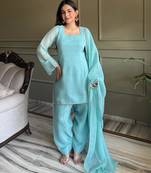 Sky blue shimmer patiala salwar suit with square neck