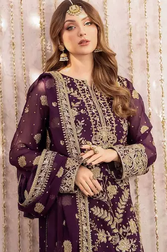 plum purple heavy embroidered pakistani suit