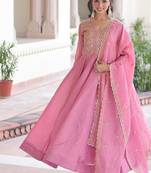 Pink silk palazzo suit with gold zari border work