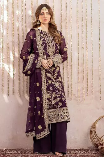 plum purple heavy embroidered pakistani suit